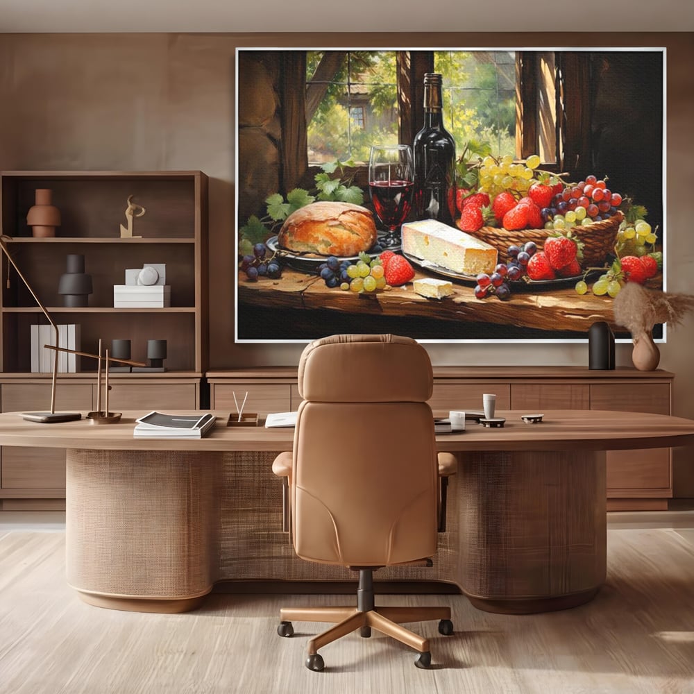 Tablou canvas cu natura moarta cu paine si vin, in rama de aluminiu argintiu, pe perete intr-un birou